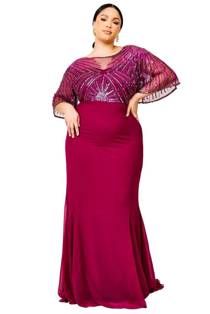 Red Sequin Mesh Open Back Plus Size Maxi Dress PL61526-3
