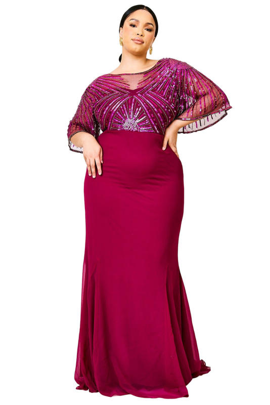Red Sequin Mesh Open Back Plus Size Maxi Dress PL61526-3