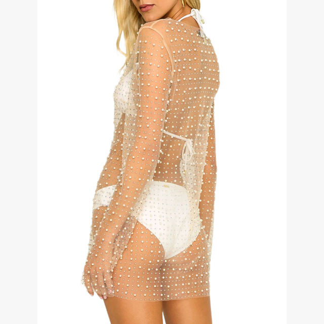 Beige Sheer Rhinestone Mesh Long Sleeve Beach Cover TQK311544-46