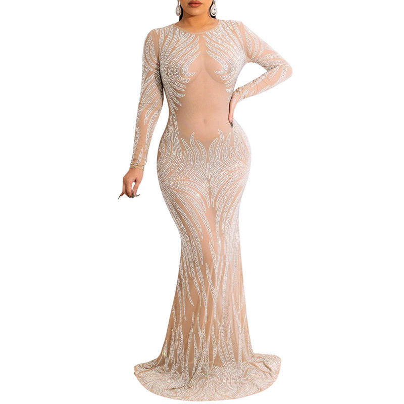 Apricot Mesh Rhinestone See Through Long Sleeve Maxi Dress TQK311243-18