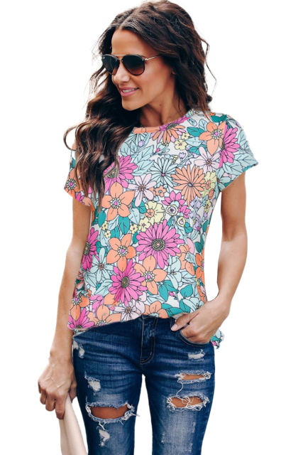 Multicolor Floral Print Asymmetric Hem Short Sleeve Top LC25220722-22