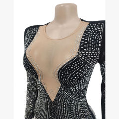 Black Deep V Neck Rhinestone Long Sleeve Bodycon Dress TQK311547-2