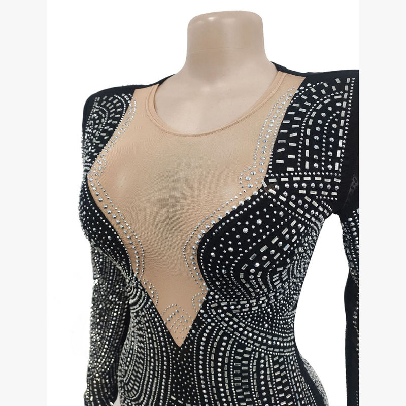 Black Deep V Neck Rhinestone Long Sleeve Bodycon Dress TQK311547-2