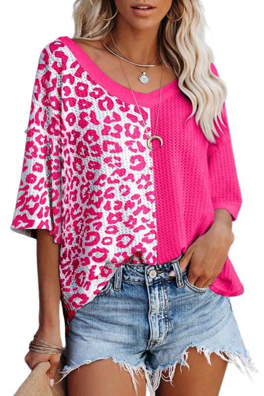 Rose Waffle Knit Leopard Solid Contrasting Blouse LC25121619-6