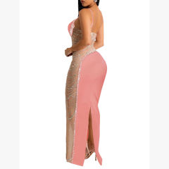 Pink Rhinestone Pearl Mesh One-shoulder Maxi Dress TQK311552-10