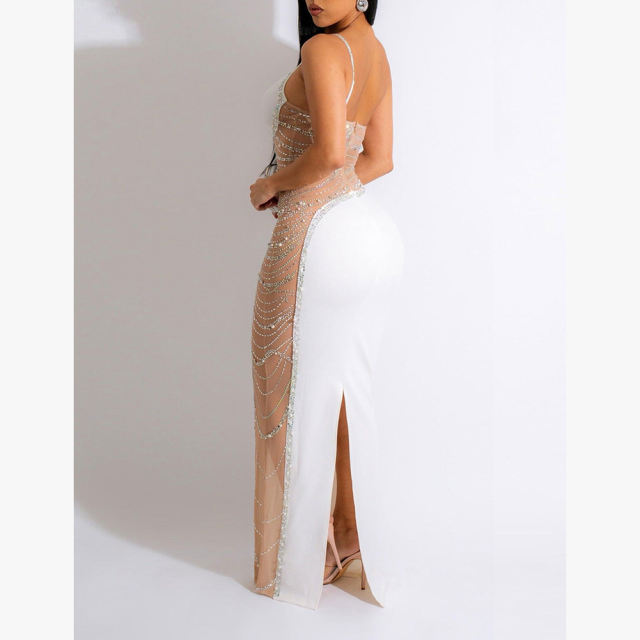White Rhinestone Pearl Mesh One-shoulder Maxi Dress TQK311552-1