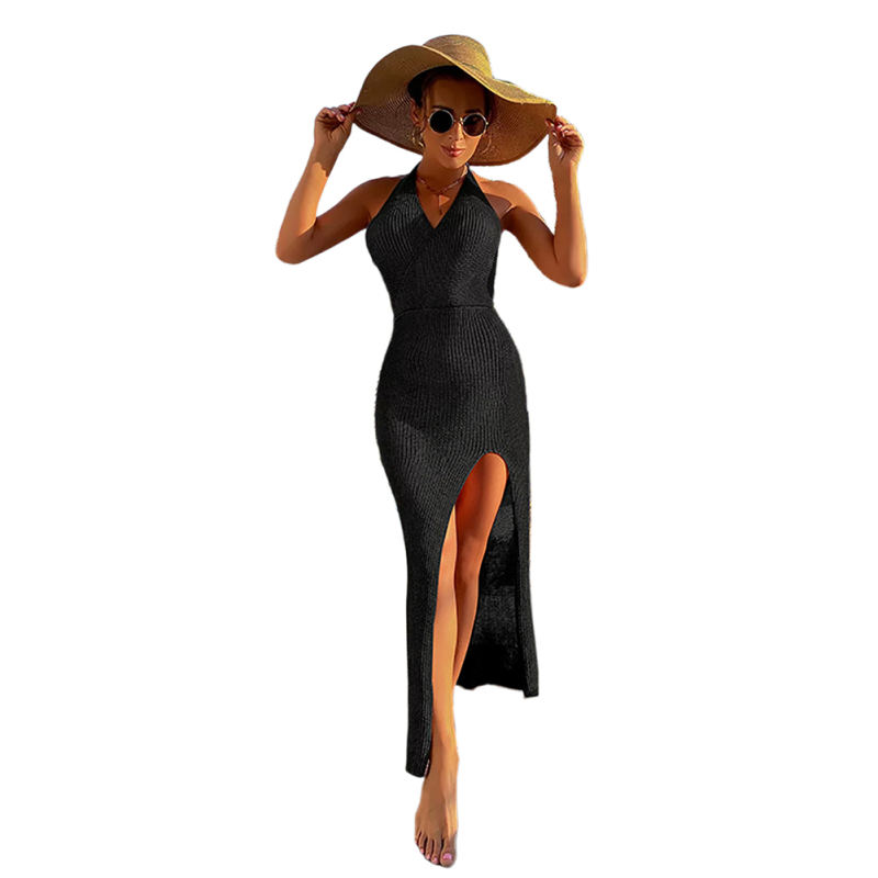 Black Backless High Split Beach Cover Dress TQK650107-2