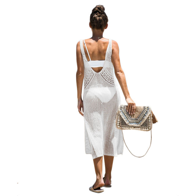 White Hollow Crochet Split Beach Dress TQK650057-1