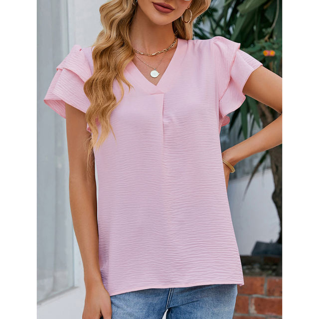 Light pink Chiffon V-neck Ruffled Short Sleeve Top TQG22001-39