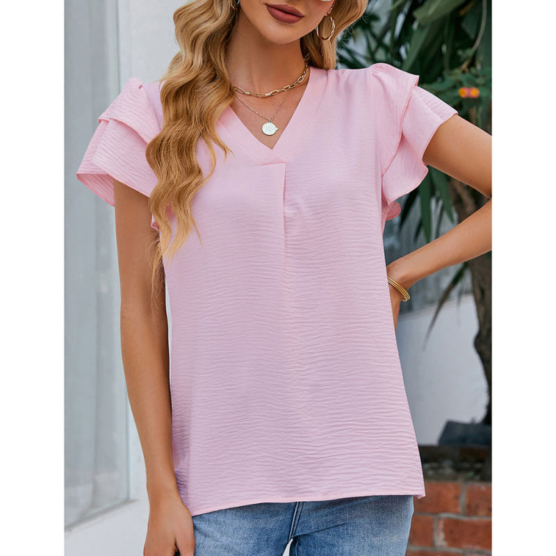 Light pink Chiffon V-neck Ruffled Short Sleeve Top TQG22001-39