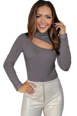 Gray Cut Out Mock Neck Long Sleeve Bodysuit LC6421517-11