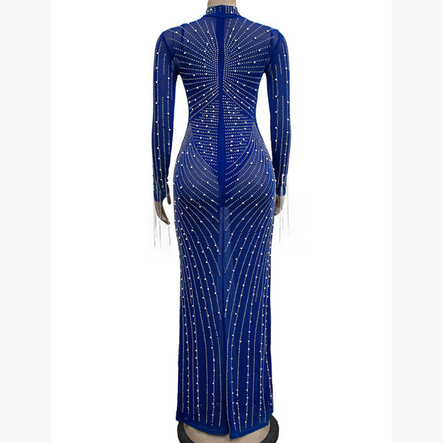 Blue Rhinestone Mesh Long Sleeve Maxi Dress TQK311551-5