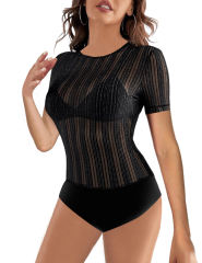 Black Mesh Lace Short Sleeve Bodysuit TQX950005-2