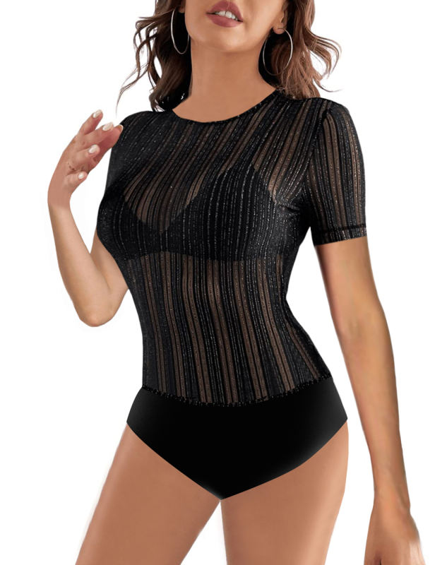 Black Mesh Lace Short Sleeve Bodysuit TQX950005-2