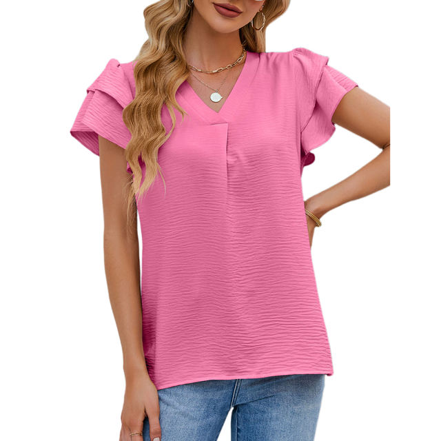 Dark pink Chiffon V-neck Ruffled Short Sleeve Top TQG22001-73