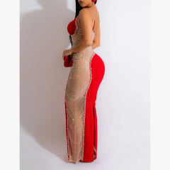 Red Rhinestone Pearl Mesh One-shoulder Maxi Dress TQK311552-3