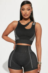 Black Strappy Mix Pattern Cutout Bra and Shorts Set LC2611500-2