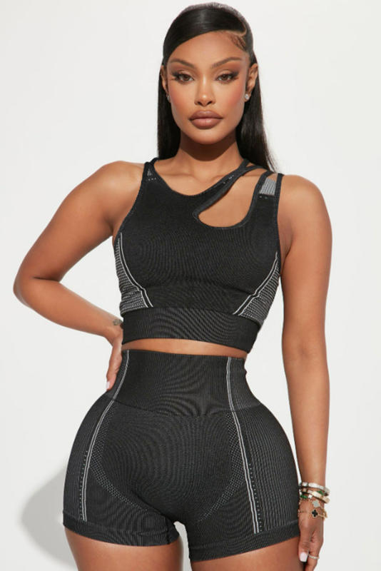 Black Strappy Mix Pattern Cutout Bra and Shorts Set LC2611500-2