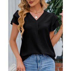 Black Chiffon V-neck Ruffled Short Sleeve Top TQG22001-2