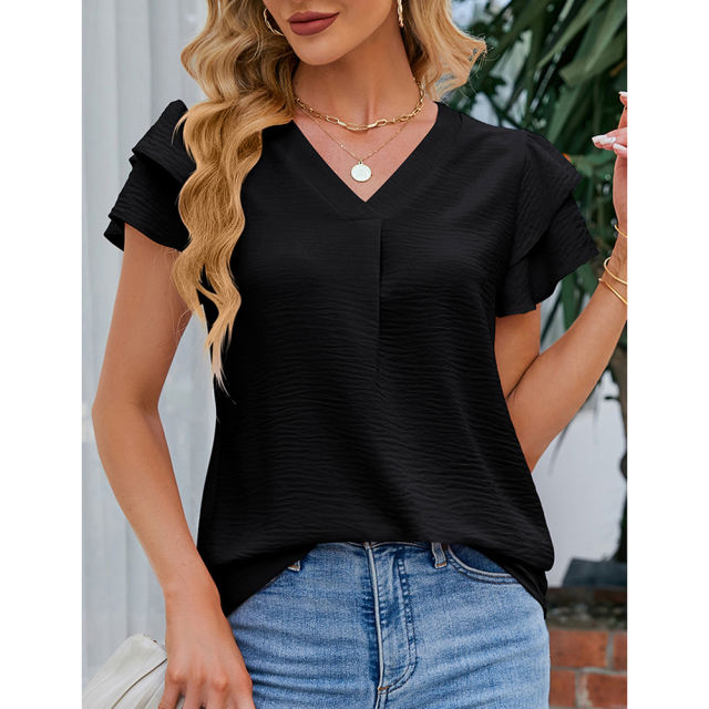 Black Chiffon V-neck Ruffled Short Sleeve Top TQG22001-2