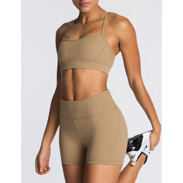Brown Back Criss Yoga Bra with Shorts Set TQL710038-17