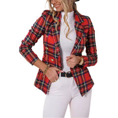 Red Plaid Print Casual Blazer Top TQK260046-3