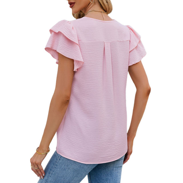 Light pink Chiffon V-neck Ruffled Short Sleeve Top TQG22001-39