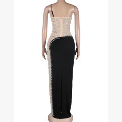 Black Rhinestone Pearl Mesh One-shoulder Maxi Dress TQK311552-2