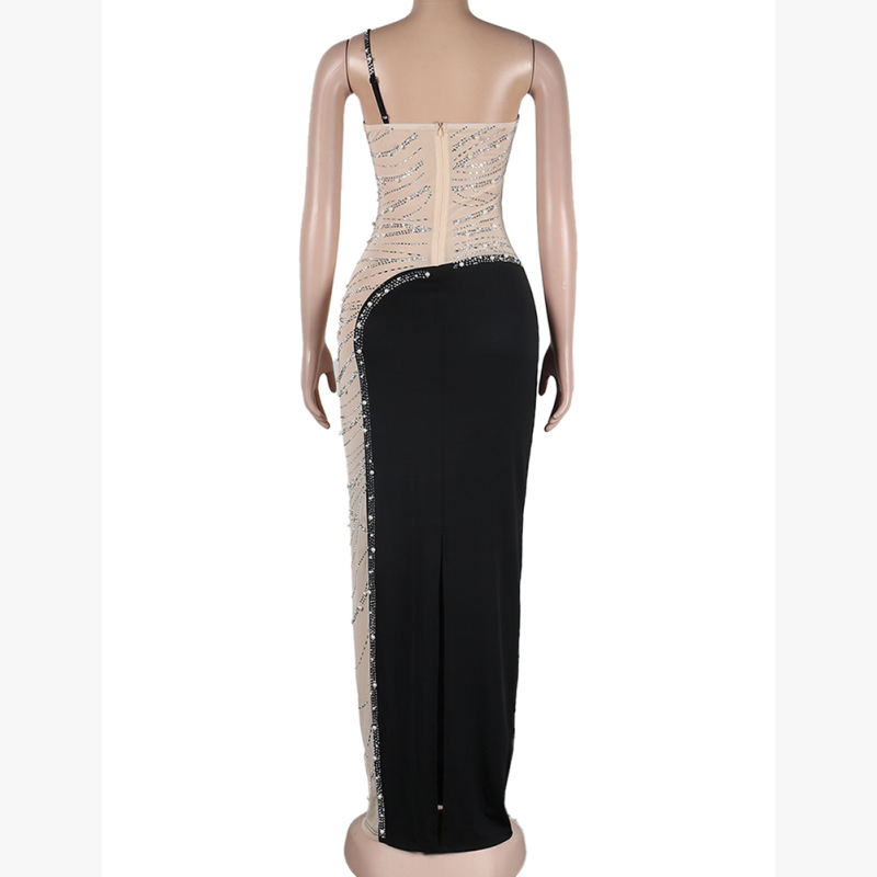 Black Rhinestone Pearl Mesh One-shoulder Maxi Dress TQK311552-2