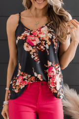 Black Floral Print Adjustable Spaghetti Strap V Neck Tank Top LC2568497-2