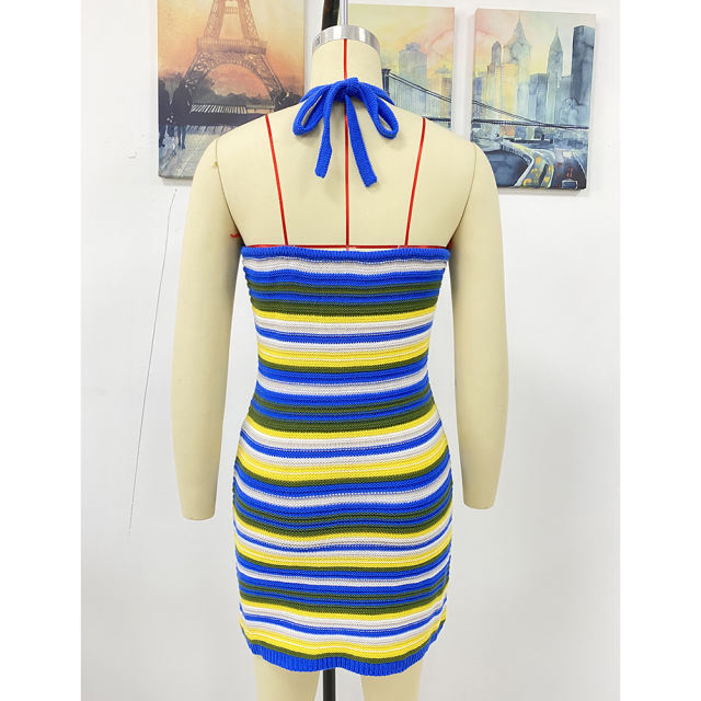 Blue Striped Knit Colorful Beach Dress TQK310838-5