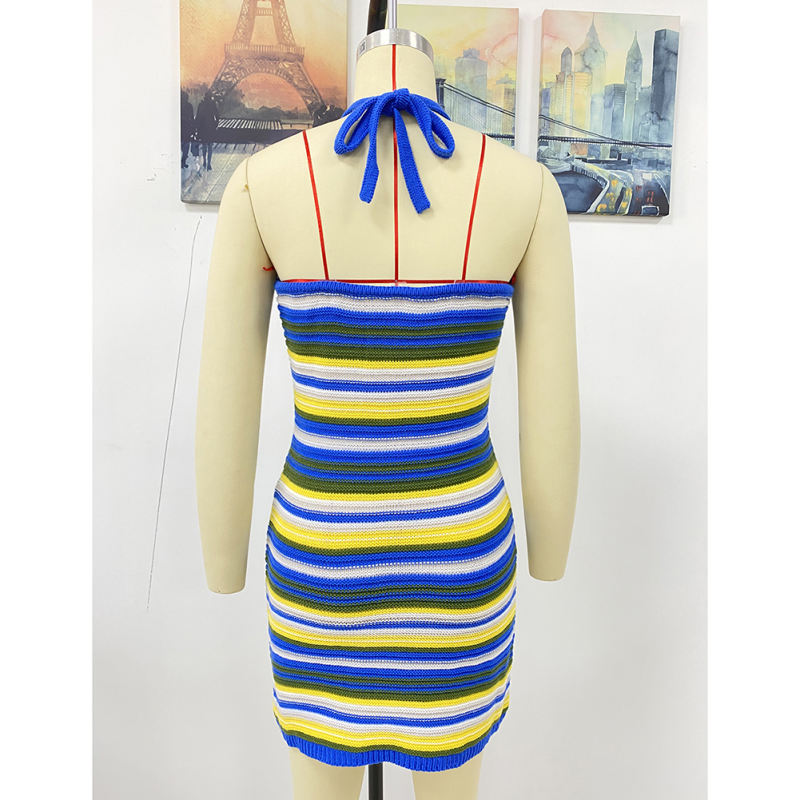 Blue Striped Knit Colorful Beach Dress TQK310838-5