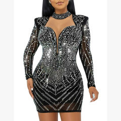 Black Mesh V Neckline Rhinestone Bodycon Dress TQK311548-2