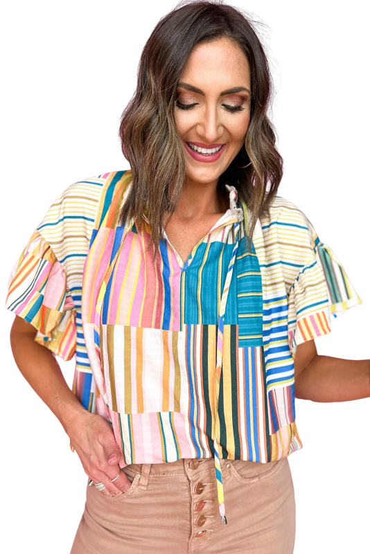 Multicolor Striped Printed Ruffle Short Sleeve Blouse LC25121864-22
