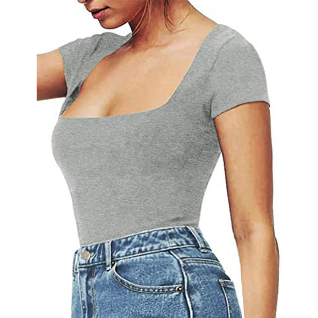 Light Gray Square Neck Short Sleeve Bodysuit TQX551134-25