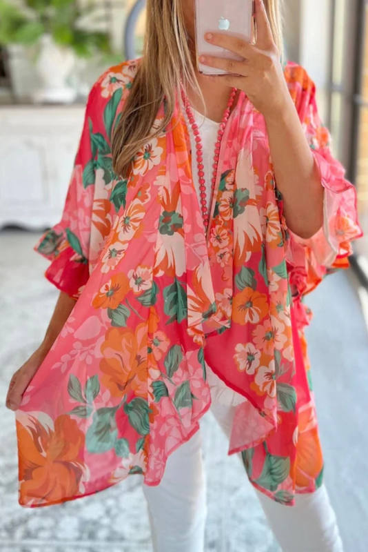 Pink Floral Print Ruffled 3/4 Sleeve Loose Fit Kimono LC2541737-10