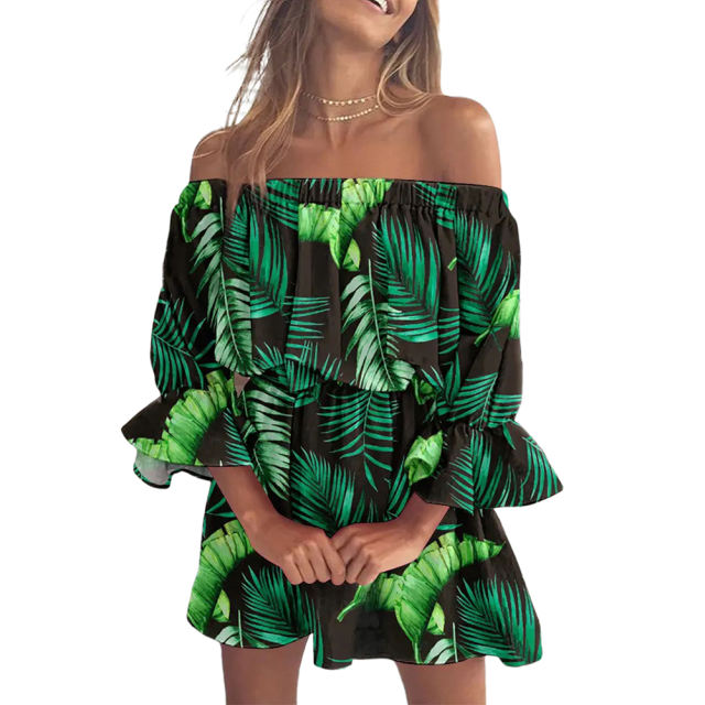 Green Ruffle Cuffs Off Shoulder Boho Dress TQL310065-9