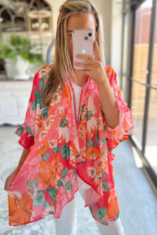 Pink Floral Print Ruffled 3/4 Sleeve Loose Fit Kimono LC2541737-10