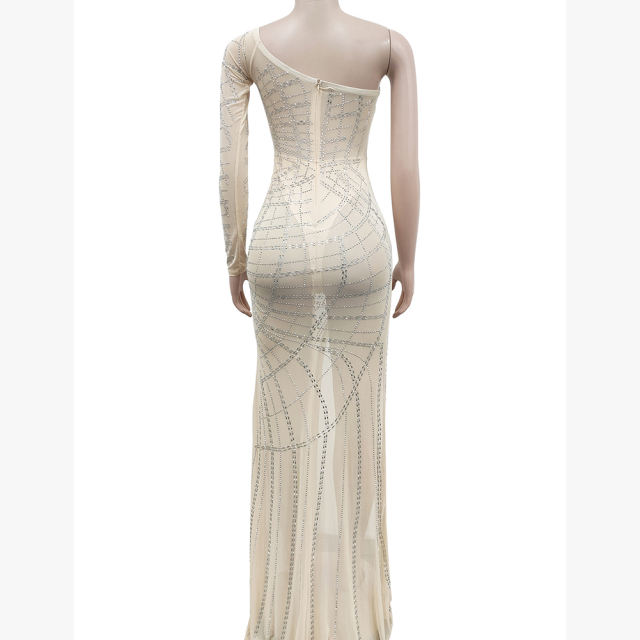 Apricot Off Shoulder Mesh Rhinestone High Split Maxi Dress TQK311550-18