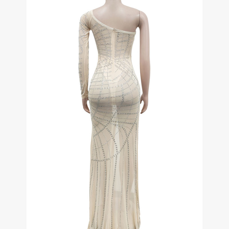 Apricot Off Shoulder Mesh Rhinestone High Split Maxi Dress TQK311550-18