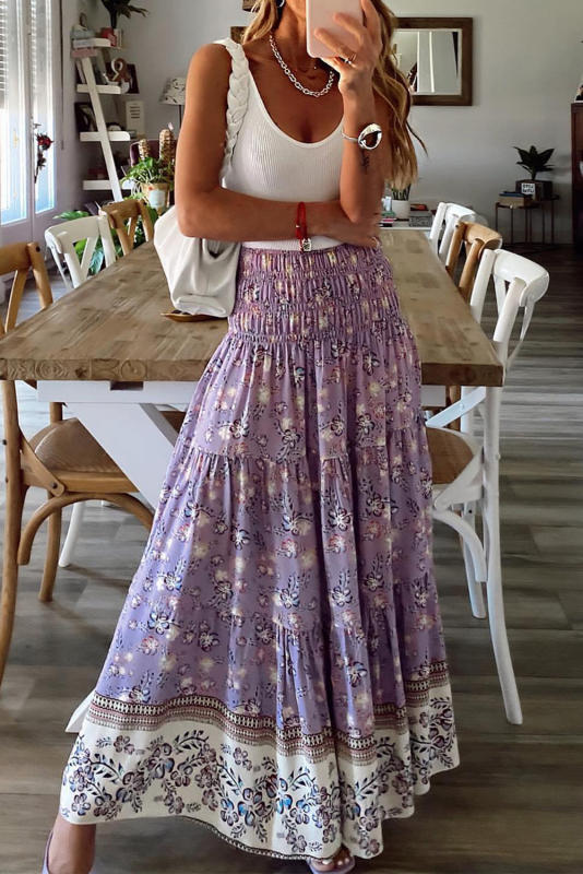 Purple Floral Print Shirred High Waist Maxi Skirt LC721427-8