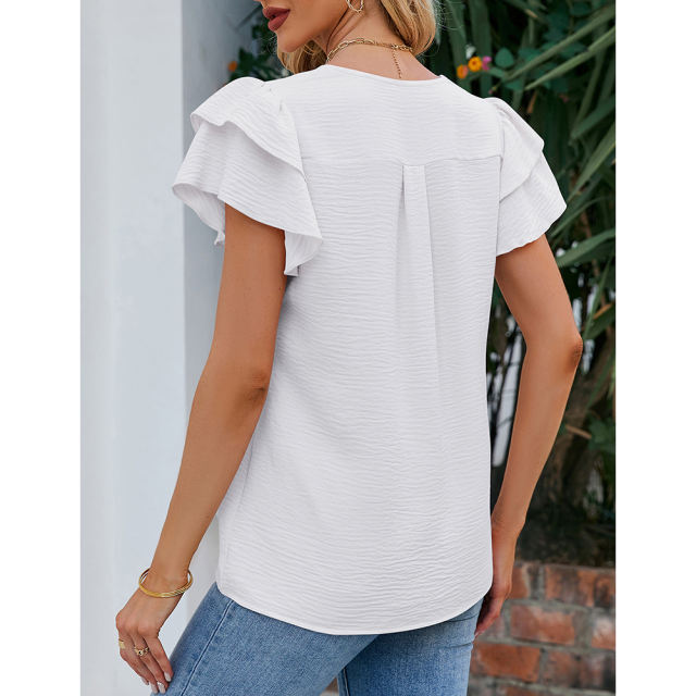 White Chiffon V-neck Ruffled Short Sleeve Top TQG22001-1