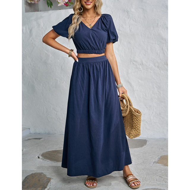 Navy Blue V Neck Crop Top and Pocket Skirt Set TQX711102-34