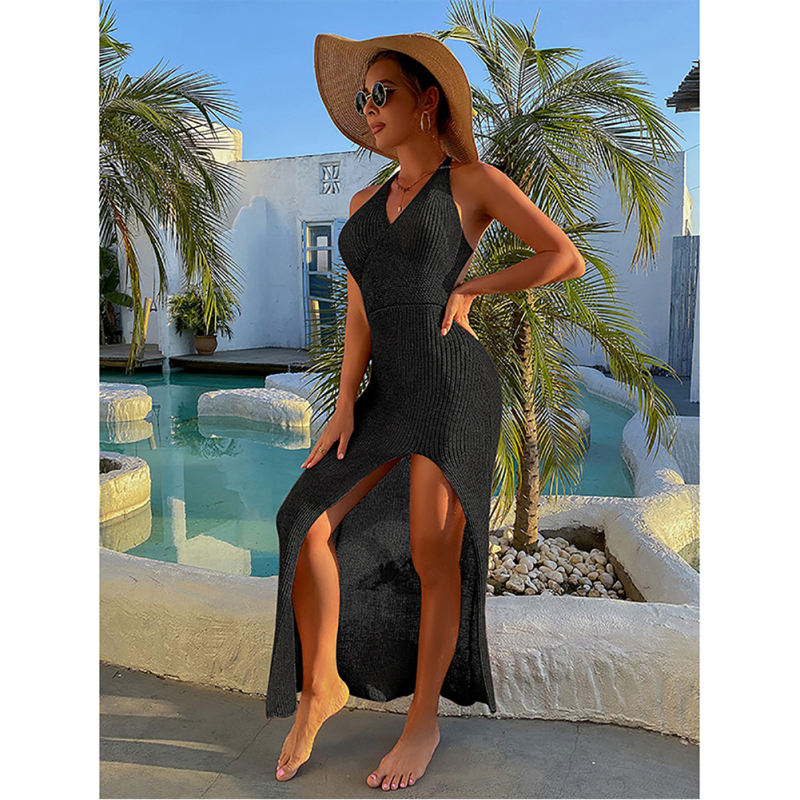 Black Backless High Split Beach Cover Dress TQK650107-2