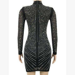 Black Mesh V Neckline Rhinestone Bodycon Dress TQK311548-2