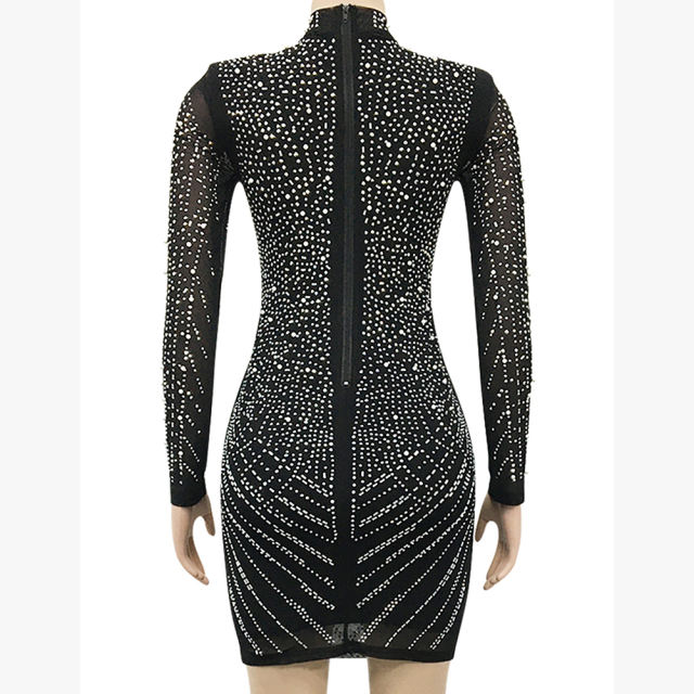 Black Mesh V Neckline Rhinestone Bodycon Dress TQK311548-2