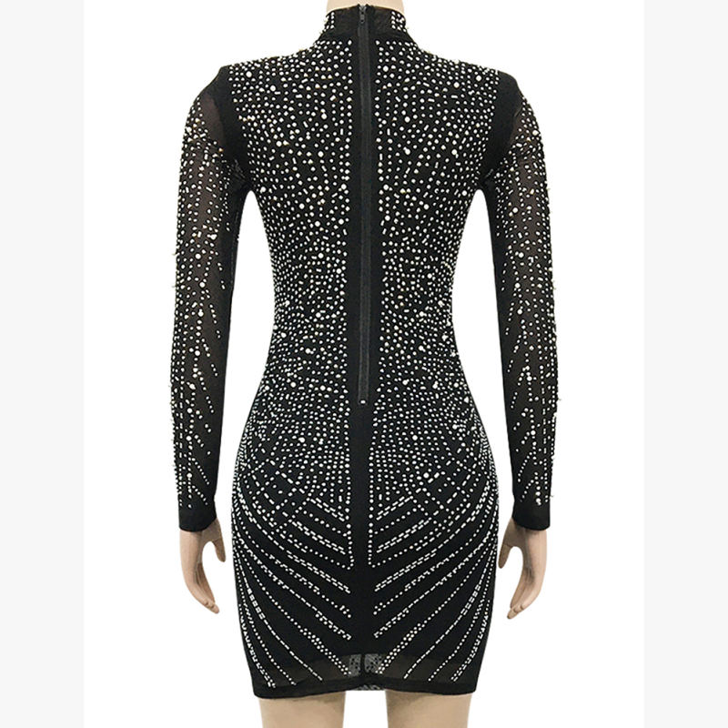 Black Mesh V Neckline Rhinestone Bodycon Dress TQK311548-2