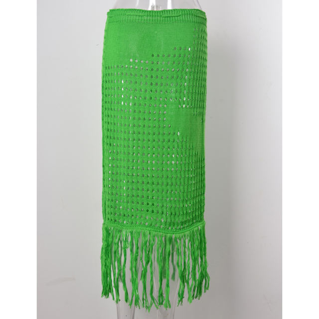 Green Hollow-out Tasseled Beach Cover Skirt  TQL360061-9