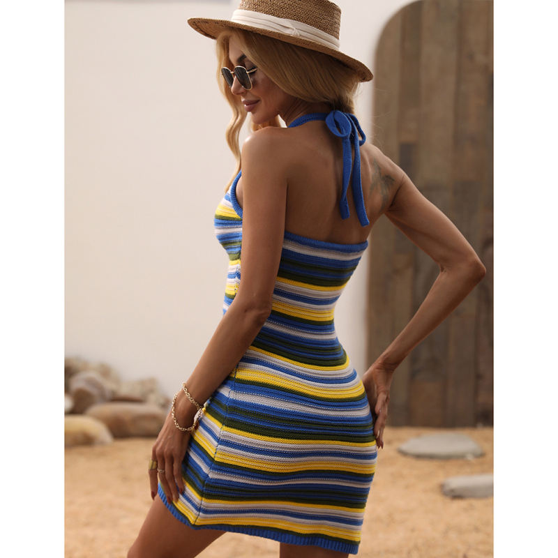 Blue Striped Knit Colorful Beach Dress TQK310838-5