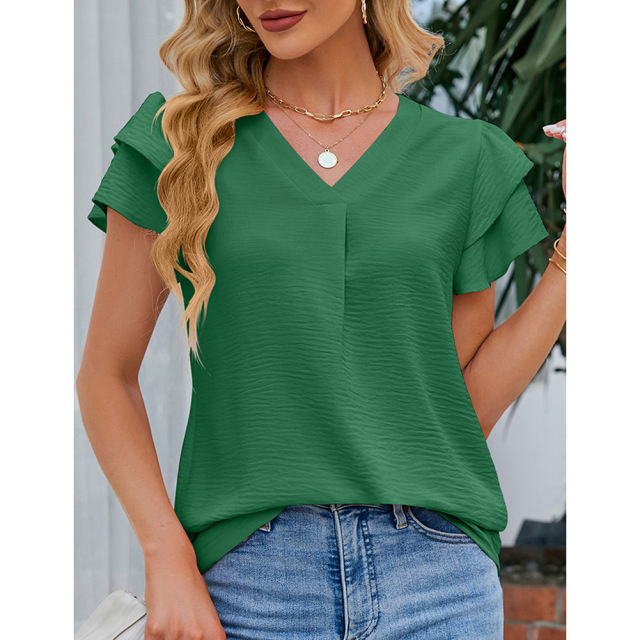 Green Chiffon V-neck Ruffled Short Sleeve Top TQG22001-9